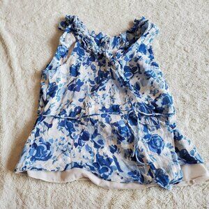 Polo Ralph Lauren Blue White Sleeveless Ruffle‎ Floral Wrap Top Blouse Women 10